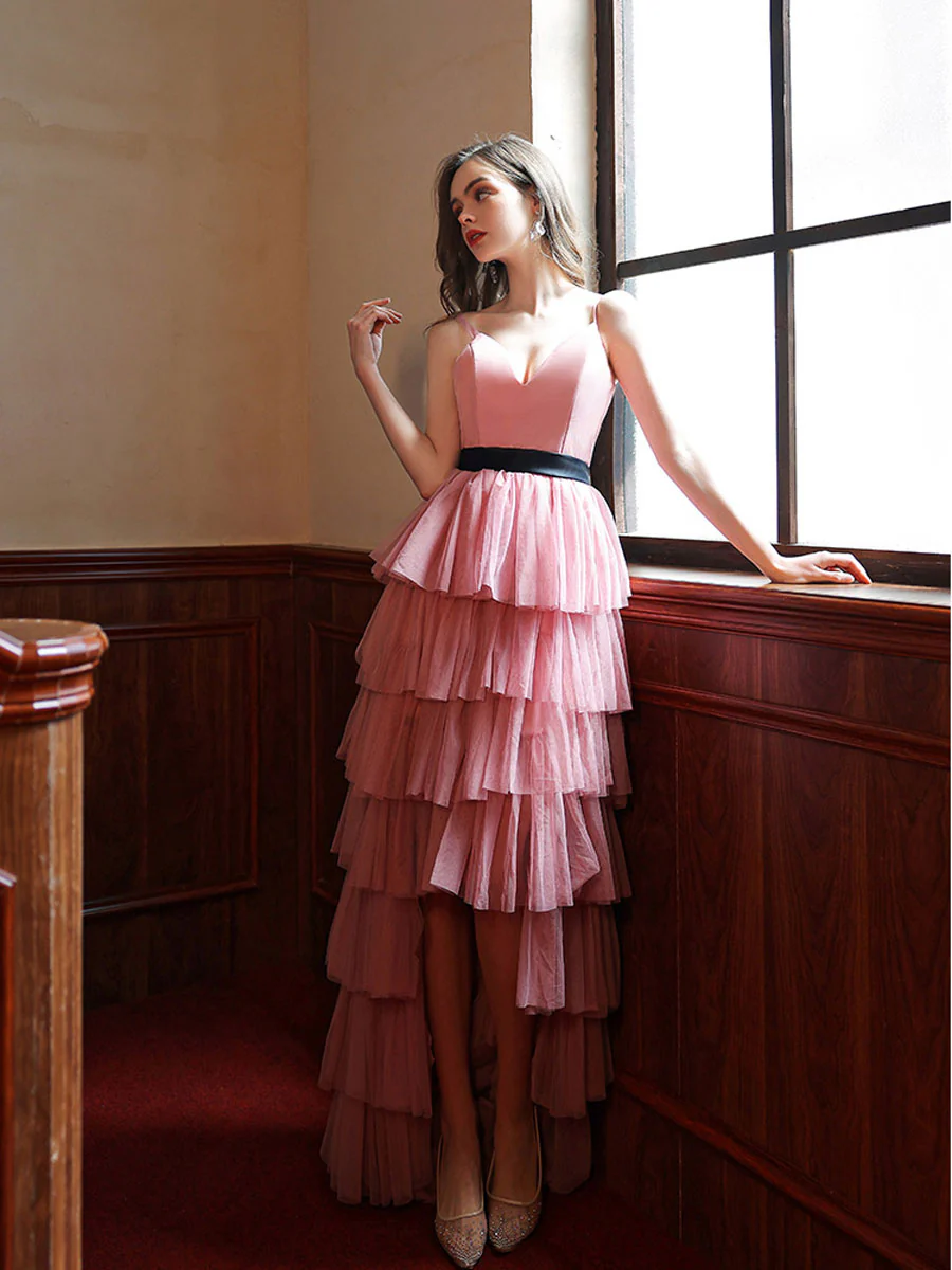 Pink V Neck High Low Long Prom Dress, Pink Tulle Formal Graduation Dresses - Deanwangkt
