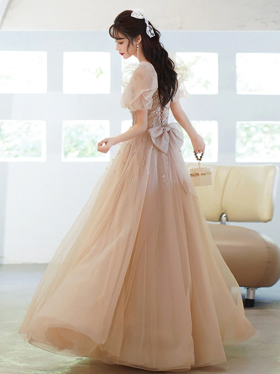 Champagne Tulle Beads Long Prom Dress, Champagne Evening Dress - Deanwangkt