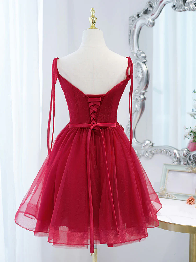 Red Tulle Lace Short Prom Dress Red Lace Puffy Homecoming Dress - Deanwangkt