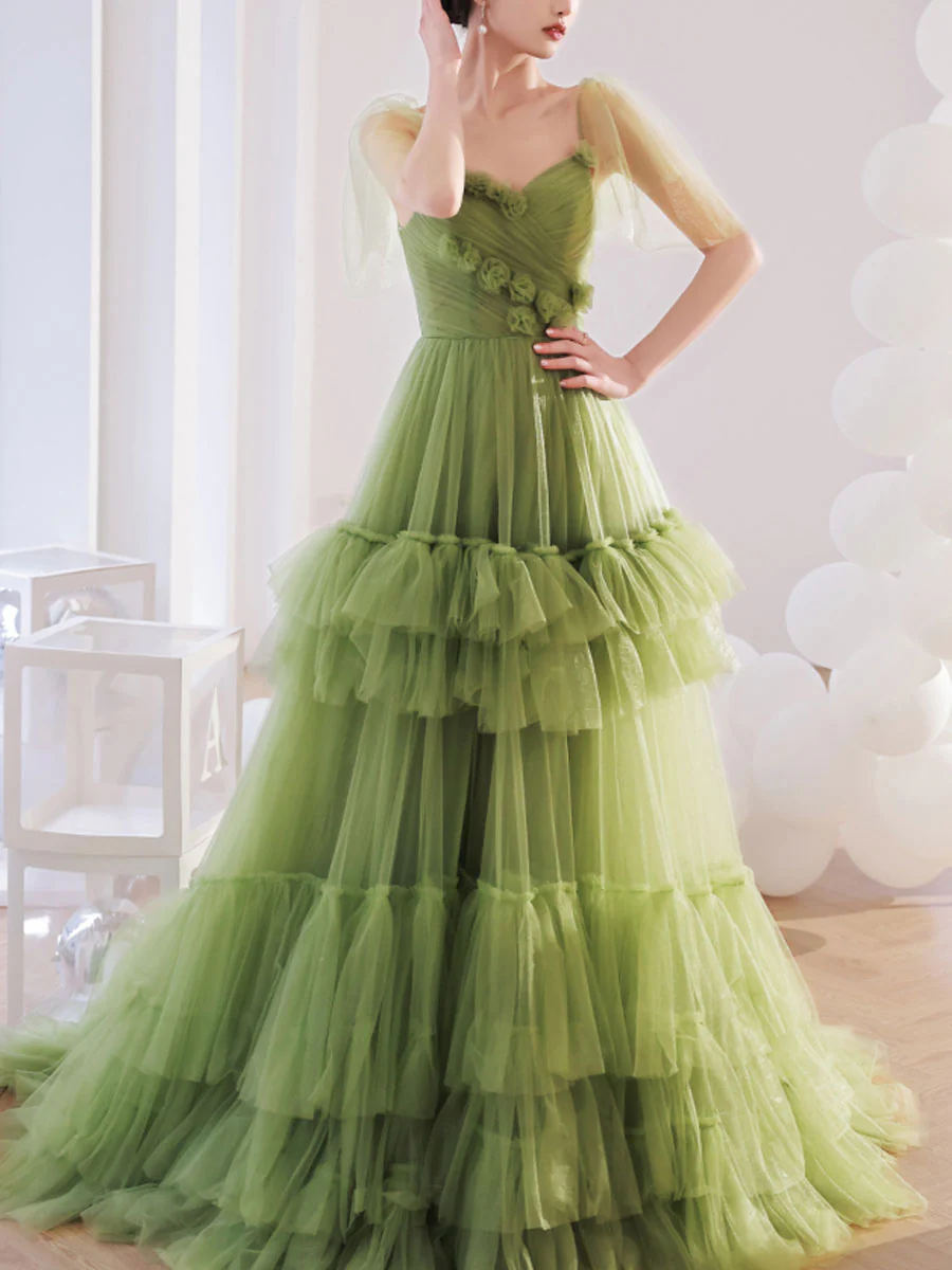 Green V Neck Tulle Long Prom Dress, Green Tulle Formal Dresses - Deanwangkt