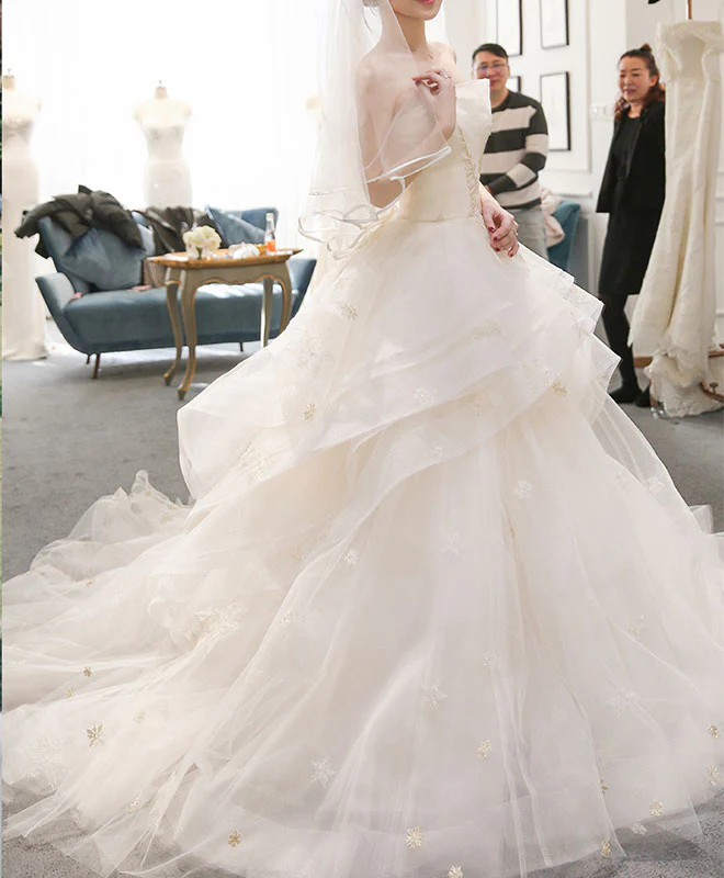 Light Champagne Tulle Long Wedding Dress, Champagne Bridal Dress - Deanwangkt