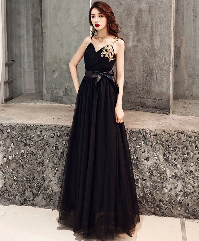 Black Sweetheart Tulle Long Prom Dress, Black Tulle Evening Dress - Deanwangkt