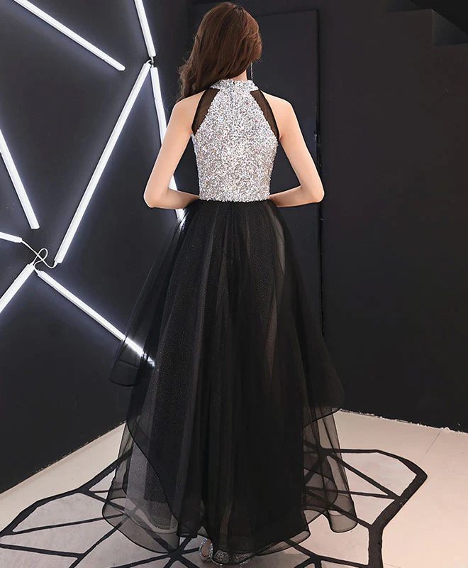 Black Sequin Tulle Long Prom Dress, Black Tulle Evening Dress - Deanwangkt