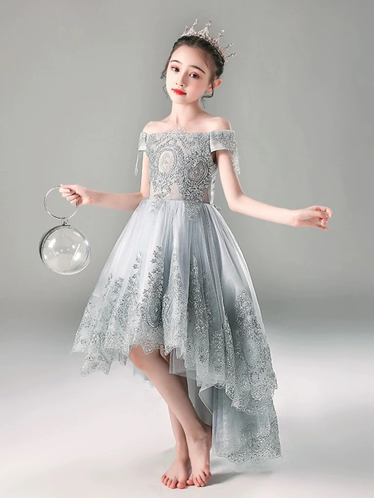 A-Line Gray Tulle Lace High Low Flower Girl Dress - Deanwangkt