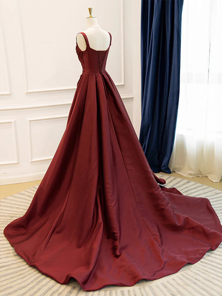 A-Line Satin Burgundy Long Prom Dress, Burgundy Long Evening Dress - Deanwangkt