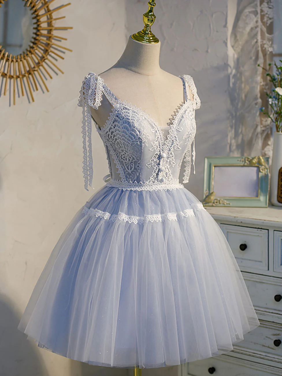 A Line V Neck Lace Blue Short Prom Dresses, Blue Puffy Homecoming Dresses - Deanwangkt