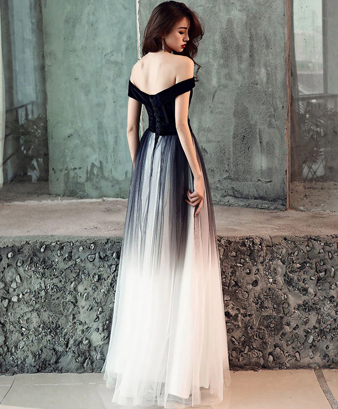 Simple Tulle Off Shoulder Black Long Prom Dress, Black Tulle Evening Dress - Deanwangkt