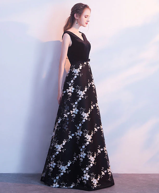 Black V Neck Long Prom Dress, Black Evening Dress - Deanwangkt