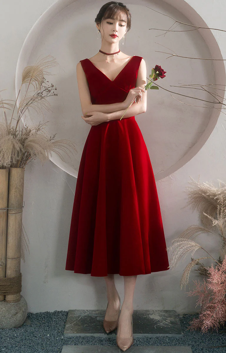 Burgundy V Neck Short Prom Dress, Burgundy Bridesmaid Dress - Deanwangkt