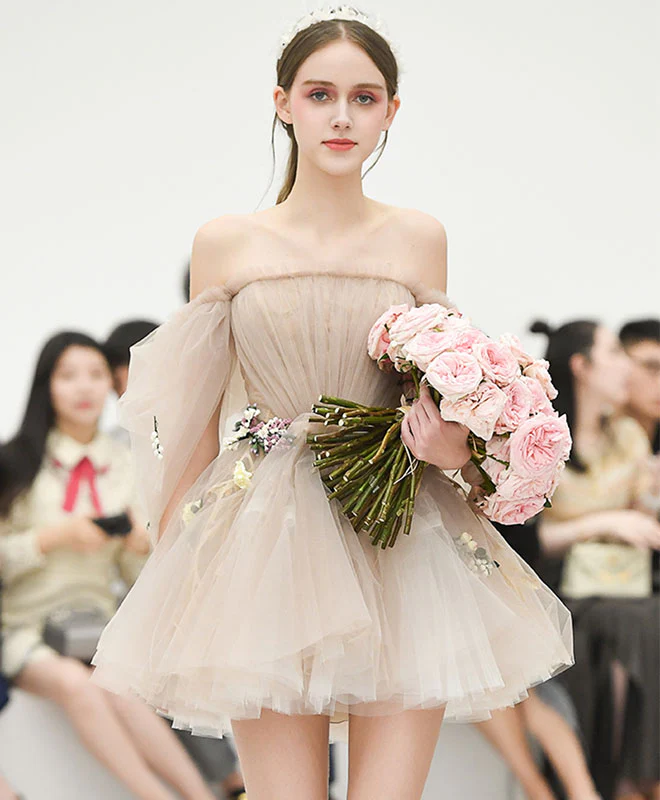 Cute Champagne Tulle Short Prom Dress, Champagne Homecoming Dress - Deanwangkt