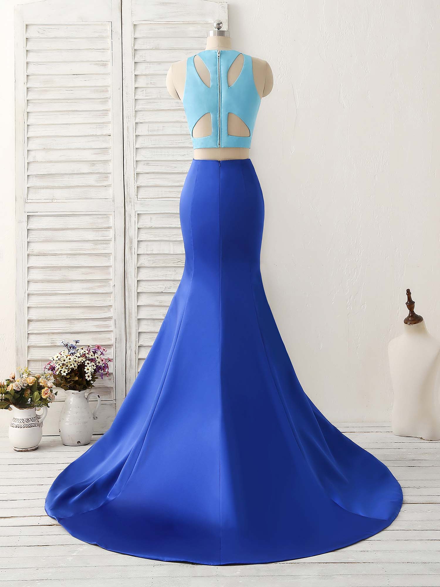 Royal Blue Two Pieces Satin Long Prom Dress, Blue Evening Dress - Deanwangkt