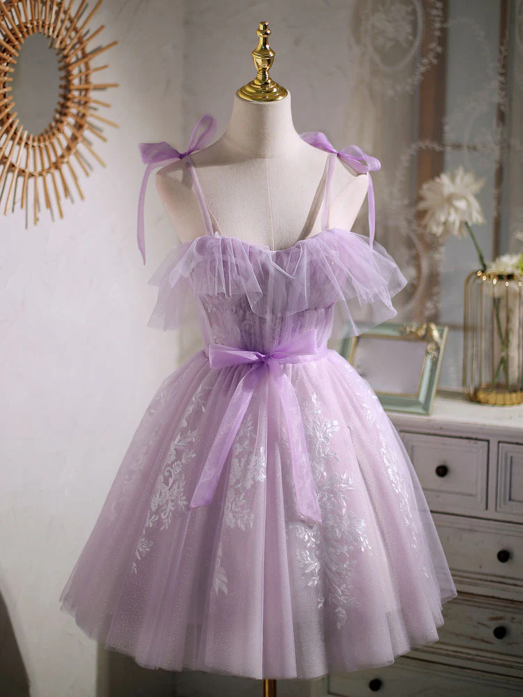 Aline Lace Short Purple Prom Dress,  Puffy Purple Homecoming Dress - Deanwangkt