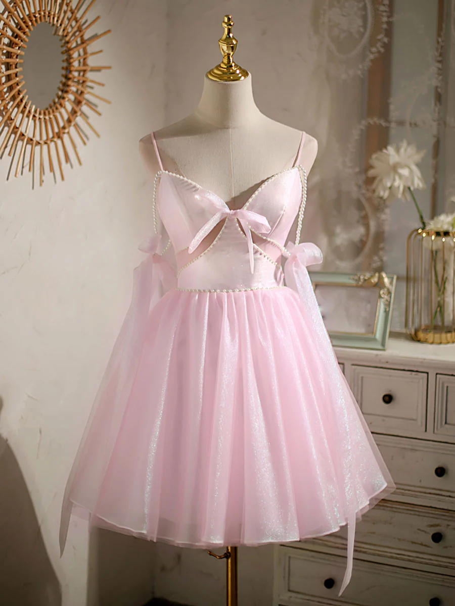 Light Champagne V neck Tulle Short Prom Dress, Tulle Puffy Homecoming Dress - Deanwangkt