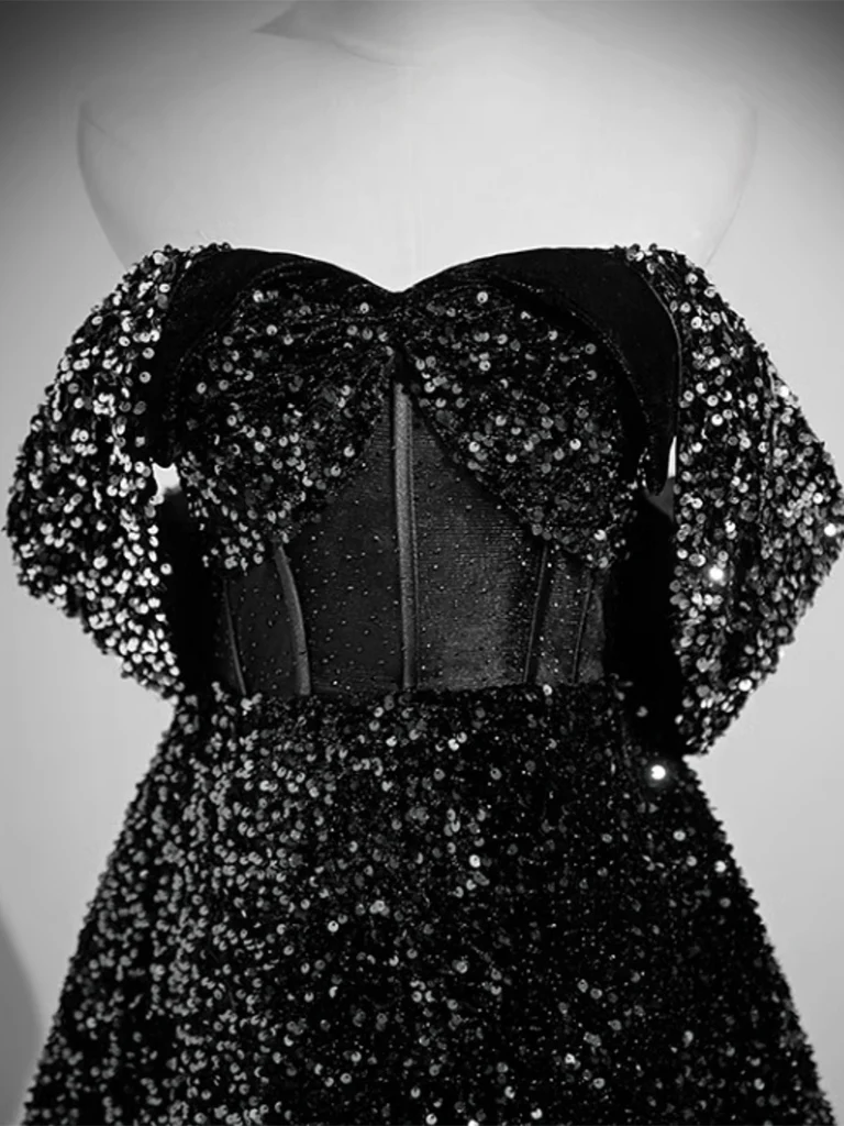 A-Line Velvet Sequin Long Black Prom Dress, Black Long Evening Dress - Deanwangkt