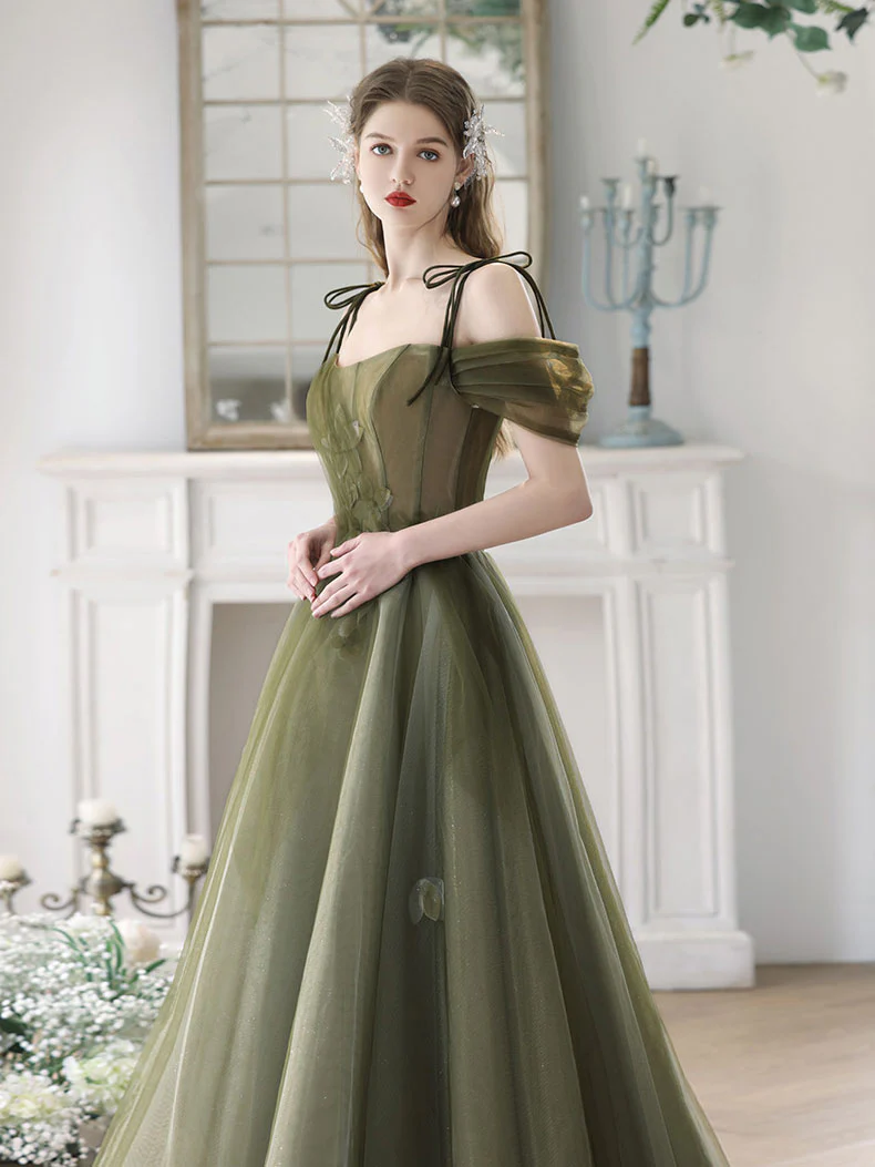 A-Line Off Shoulder Green Tulle Long Prom Dress, Green Formal Dresses - Deanwangkt