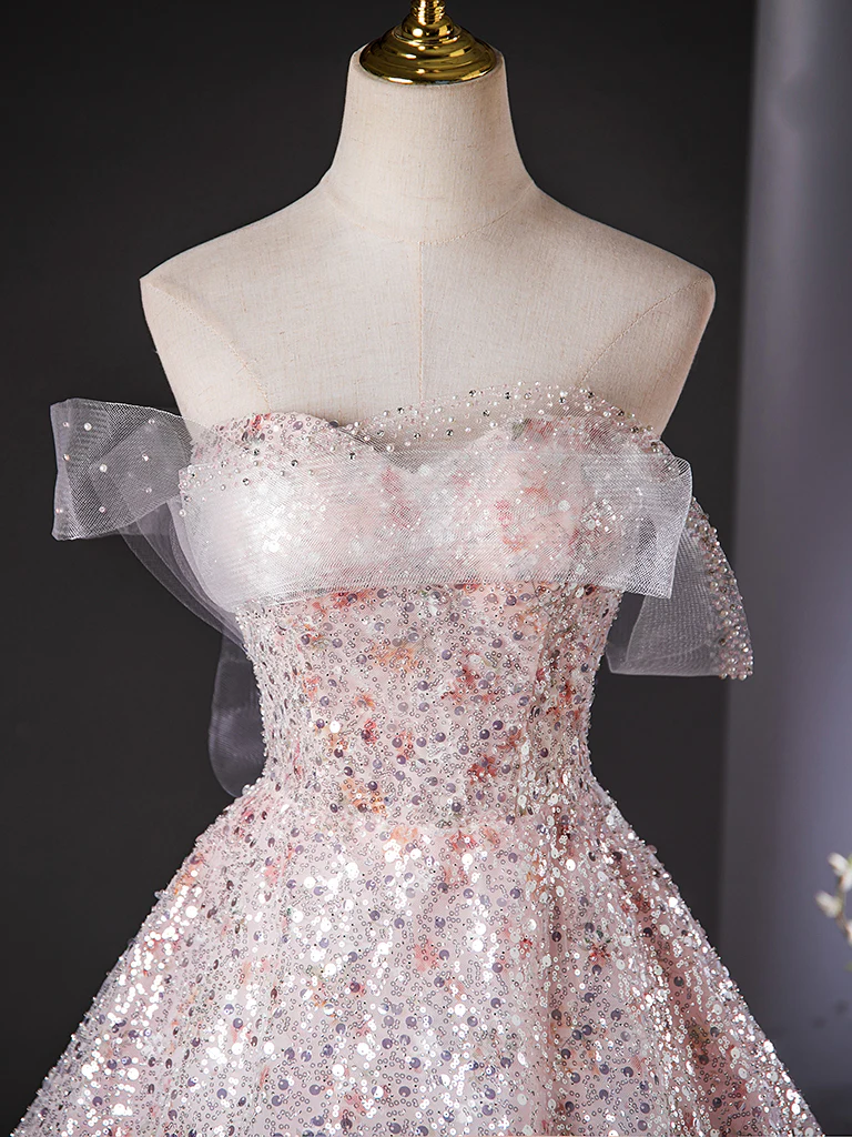 A-Line Tulle Lace Sequin Pink Long Prom Dress, Pink Long Evening Dress - Deanwangkt