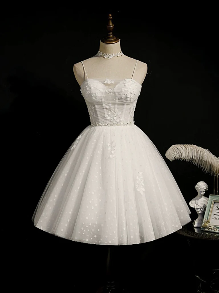 White Sweetheart Neck Tulle Lace Short Prom Dress, White Homecoming Dress - Deanwangkt