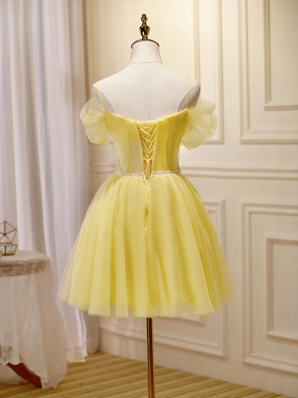 Mini/Short Yellow Prom Dresses, Yellow Cute Homecoming Dress With Beading Lace - Deanwangkt
