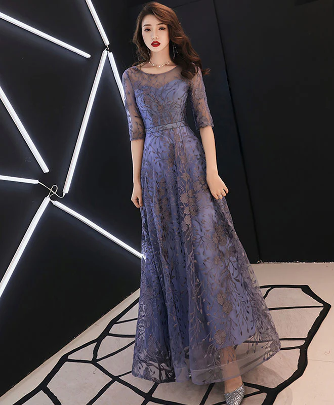 Blue Round Neck Tulle Lace Long Prom Dress, Lace Evening Dress - Deanwangkt
