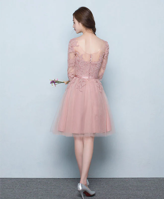 Pink Tulle Lace Short Prom Dress, Pink Tulle Bridesmaid Dress - Deanwangkt