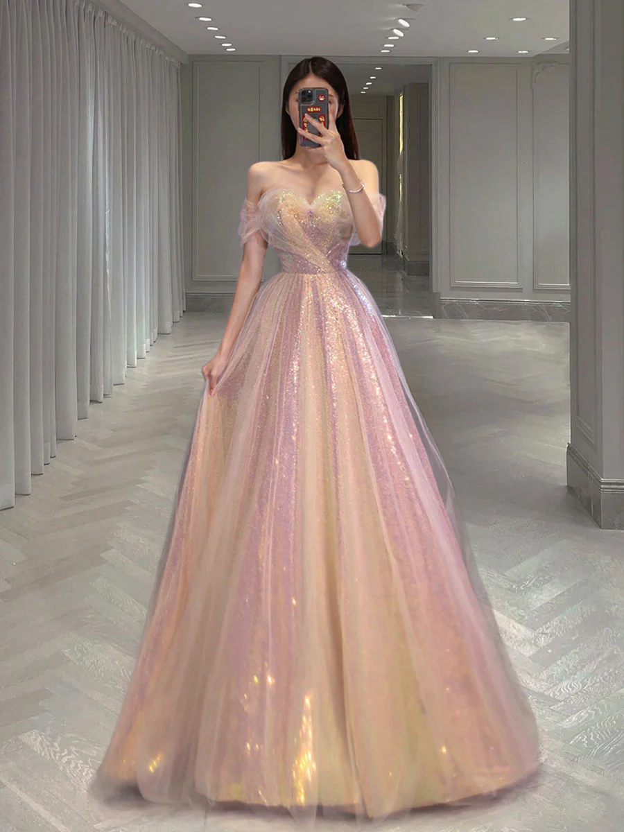 A Line Tulle Sequin Long Prom Dress, Off Shoulder Formal Graduation Dress - Deanwangkt