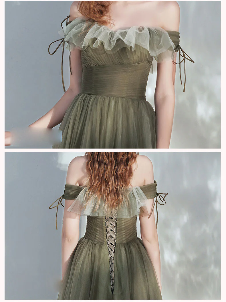 Green Aline Tulle Long Prom Dress, Green Tulle Formal Dress - Deanwangkt