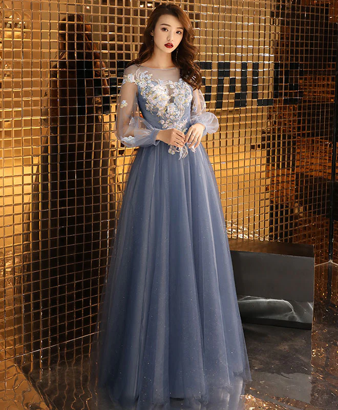 Blue Round Neck Tulle Lace Long Prom Dress Blue Formal Dress - Deanwangkt