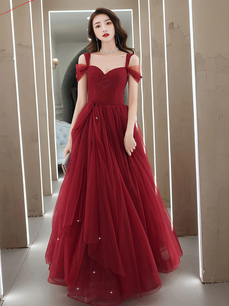 Elegant Sweetheart Neck Burgundy Long Prom Dress, A line Backless Evening Dresses - Deanwangkt