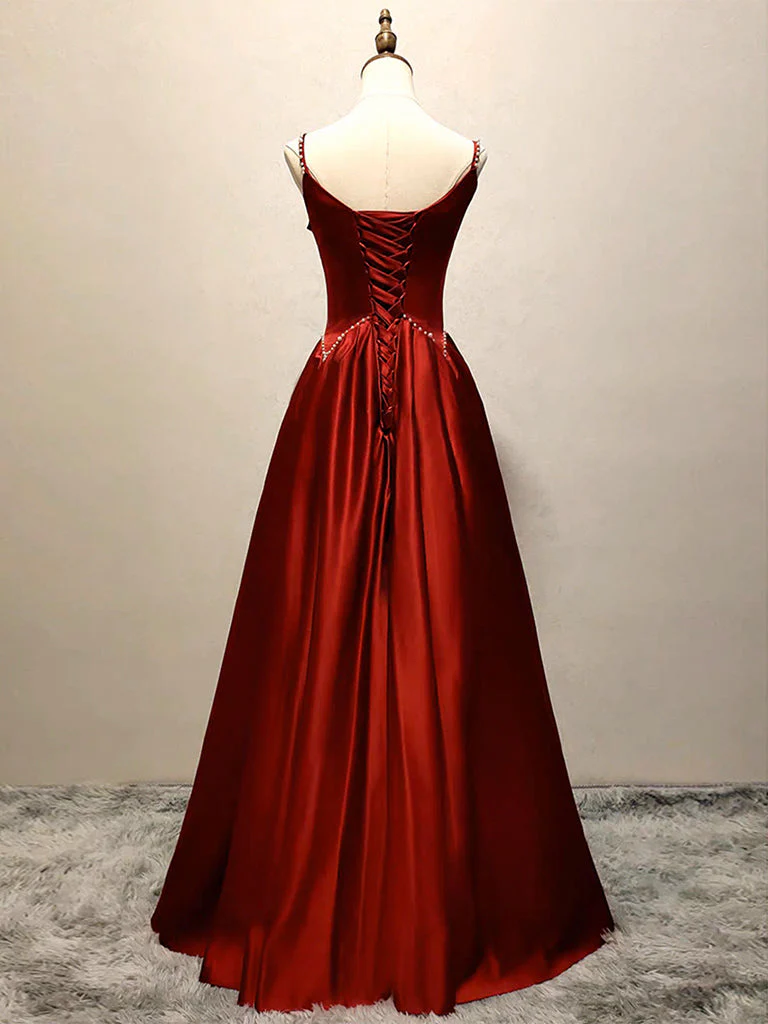 A-Line Satin Burgundy Long Prom Dress, Burgundy Long Formal Dress - Deanwangkt