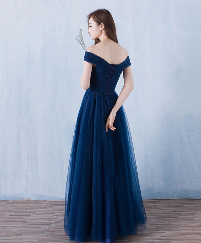 Blue V Neck Tulle A Line Long Prom Dress, Evening Dress - Deanwangkt