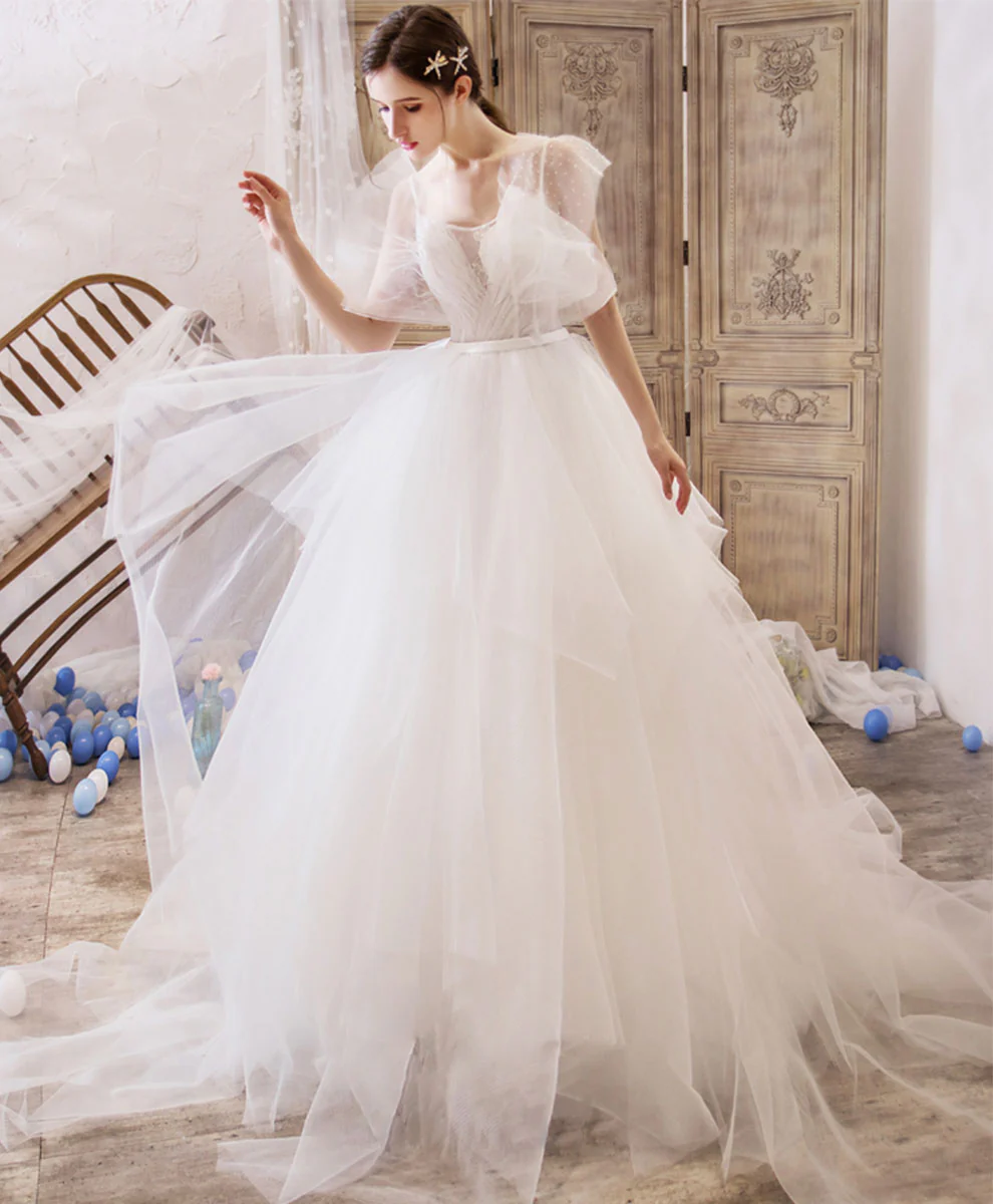 White V Neck Tulle Lace Long Wedding Dress Lace Bridal Dress - Deanwangkt