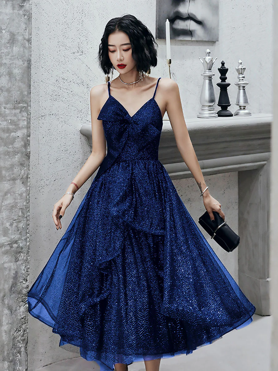 V Neck Tulle Sequin Short Black Prom Dresses, Black Tulle Homecoming Dresses - Deanwangkt