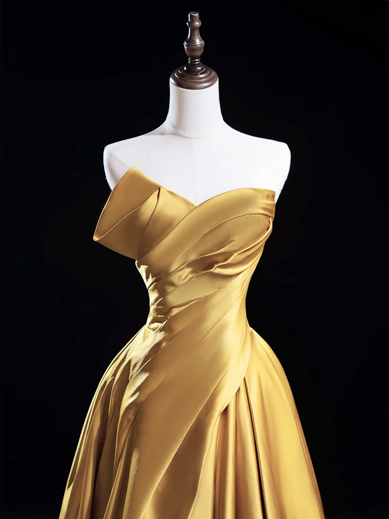 A-Line V Neck Satin Gold Long Prom Dress, Gold Long Formal Dress - Deanwangkt