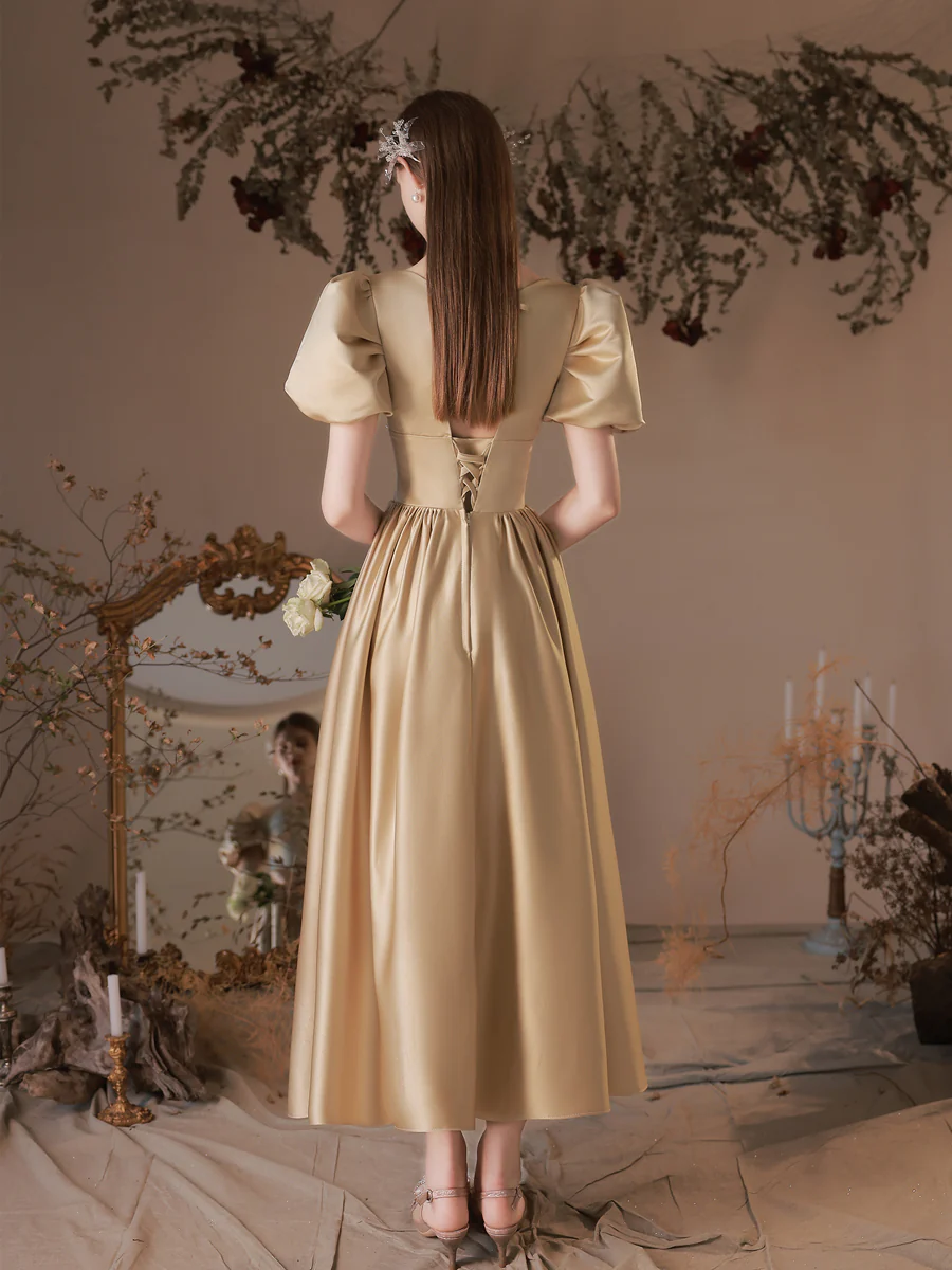 Simple Satin Tea Length Champagne Prom Dress, Satin Evening Dresses - Deanwangkt