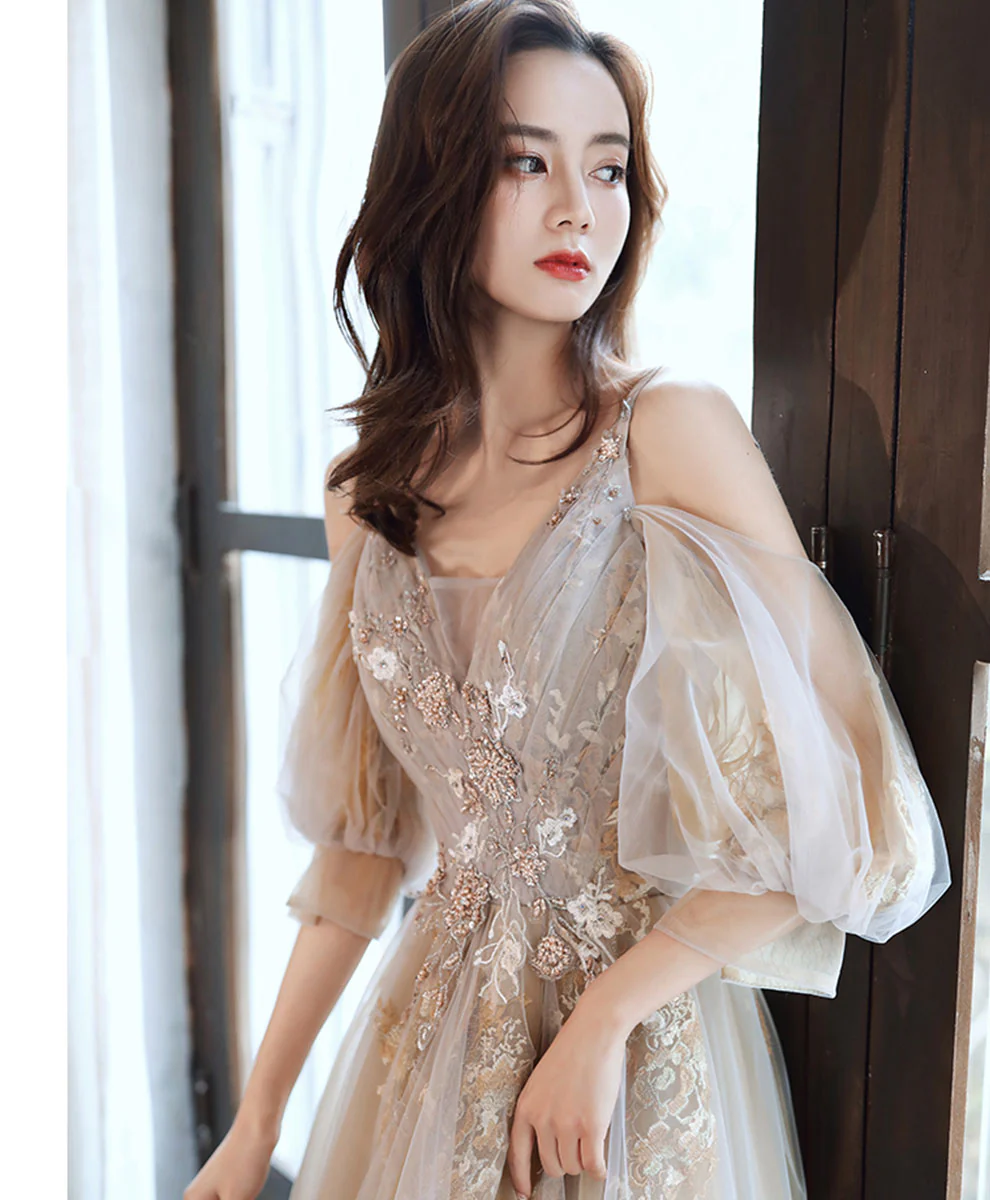 Champagne v neck tulle lace long prom dress champagne formal dress - Deanwangkt