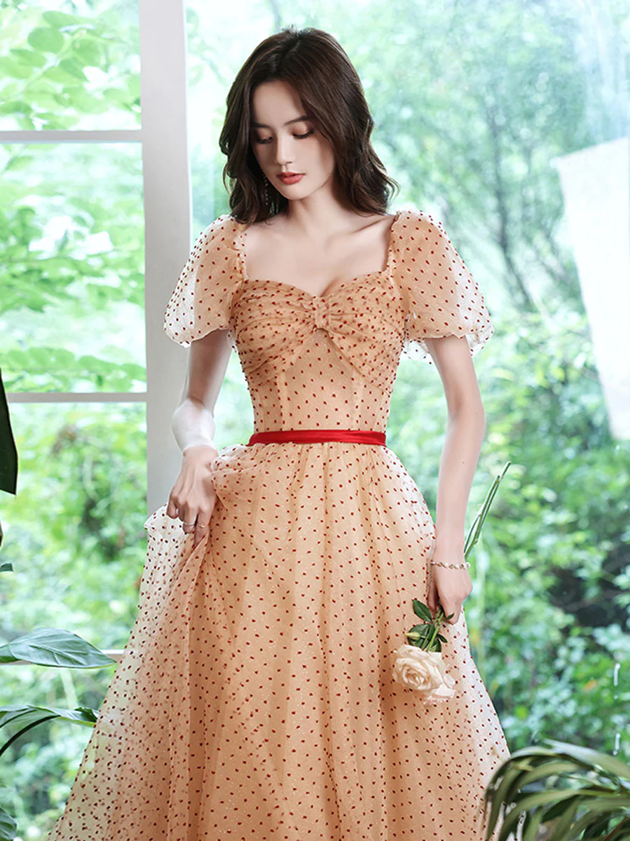 Aline Sweetheart Neck Tulle Long Champagne Prom Dress, Champagne Evening Dresses - Deanwangkt