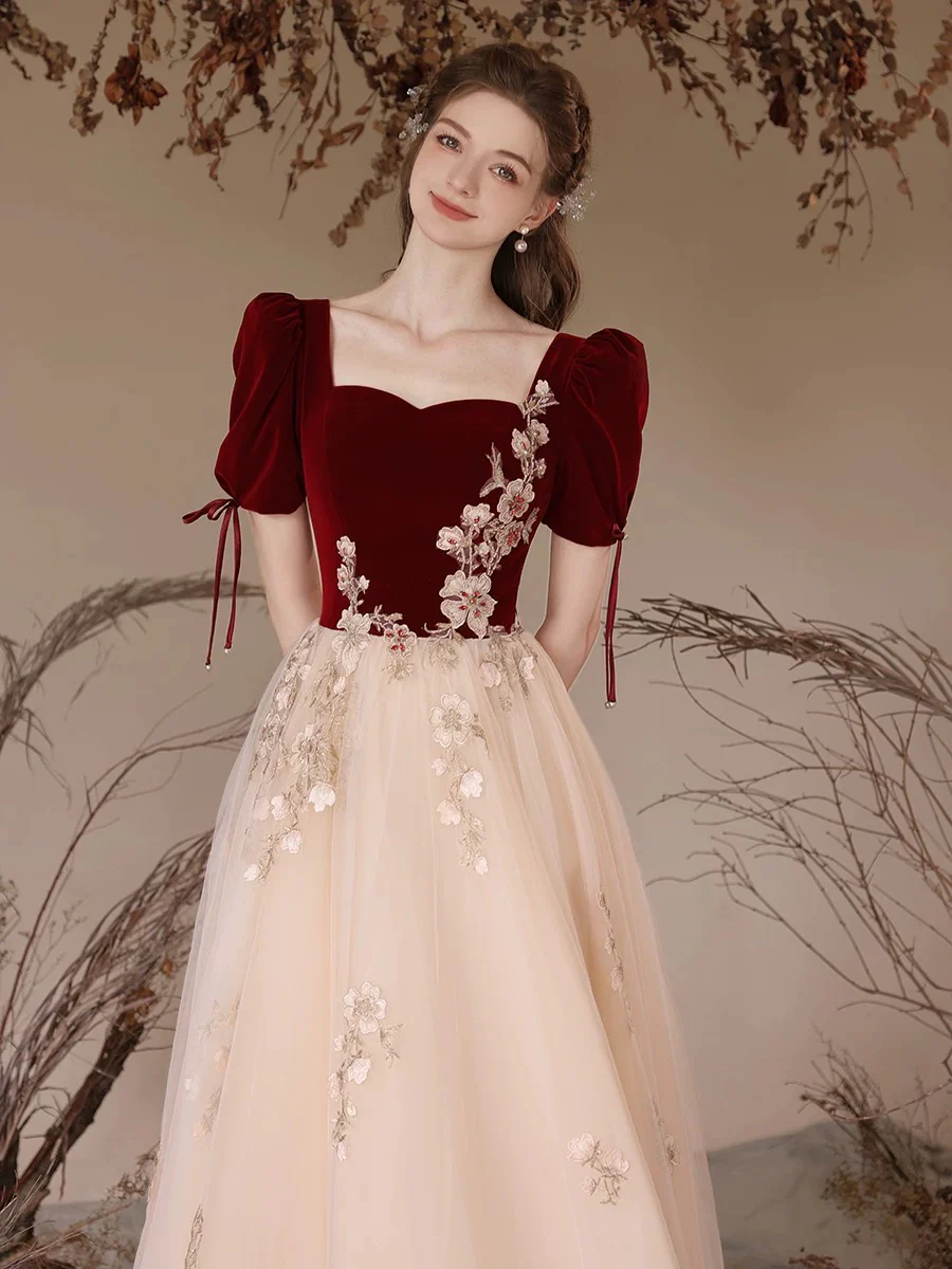 A-Line Velvet Tulle Lace Champagne Long Prom Dress, Champagne Long Formal Dress - Deanwangkt