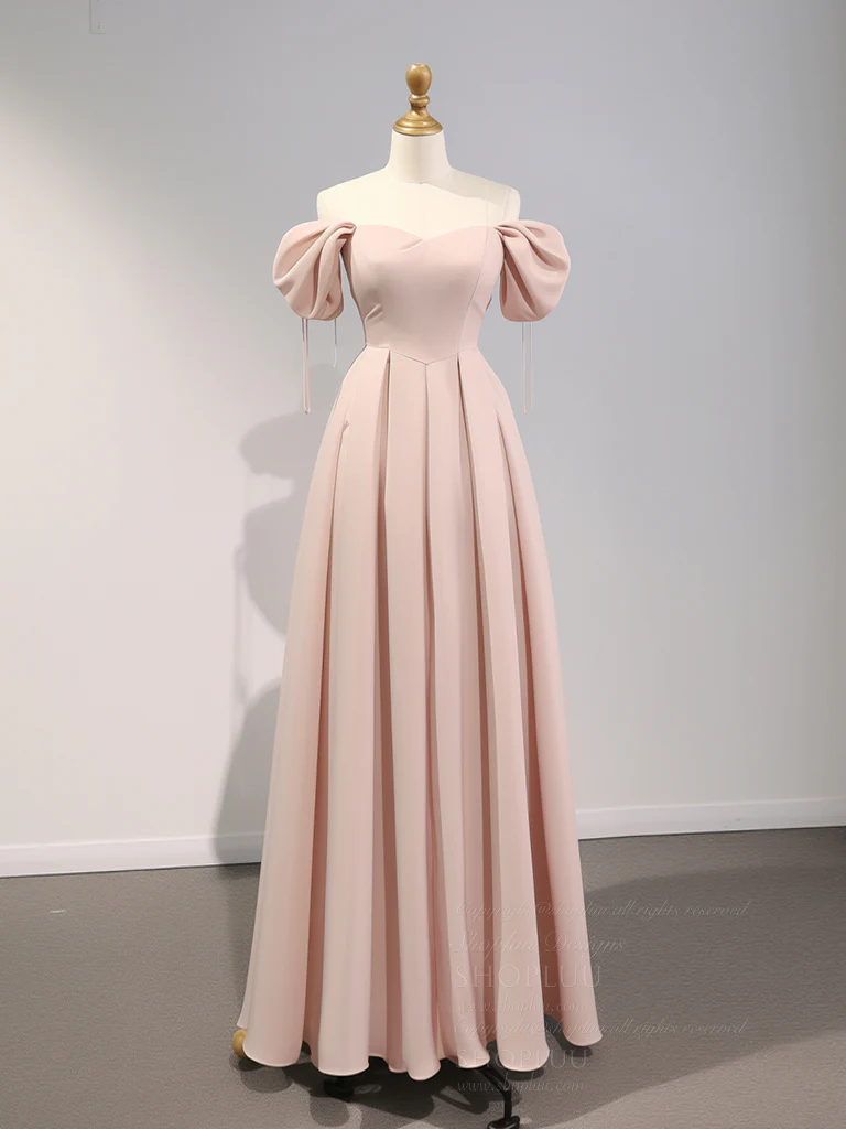 A-Line Puff Sleeves Satin Pink Long Prom Dress, Pink Long Bridesmaid Dress - Deanwangkt