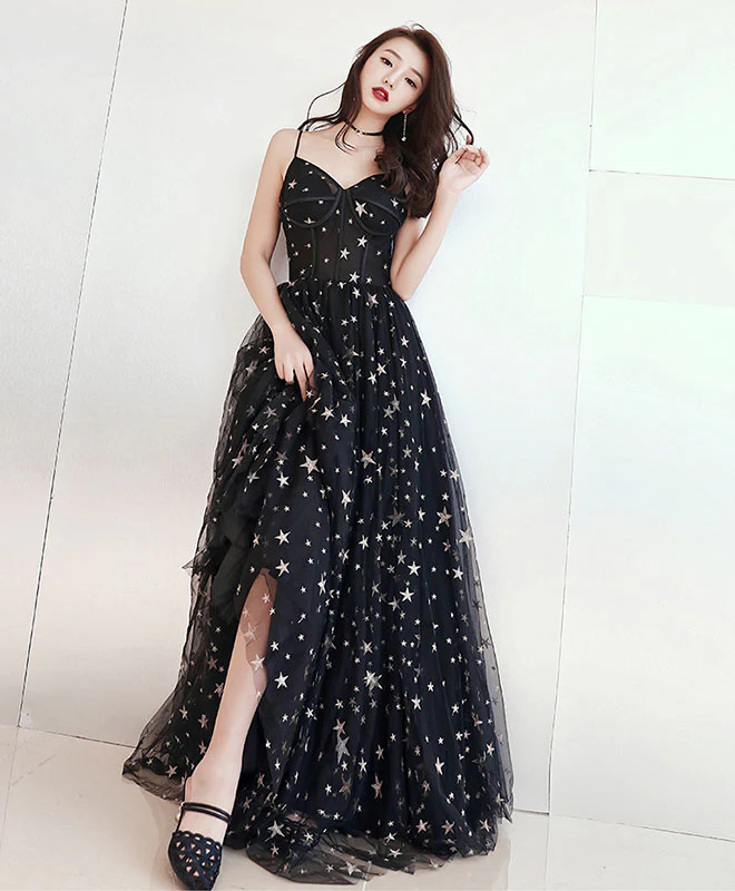 Black V Neck Tulle Long Prom Dress, Black Evening Dress - Deanwangkt