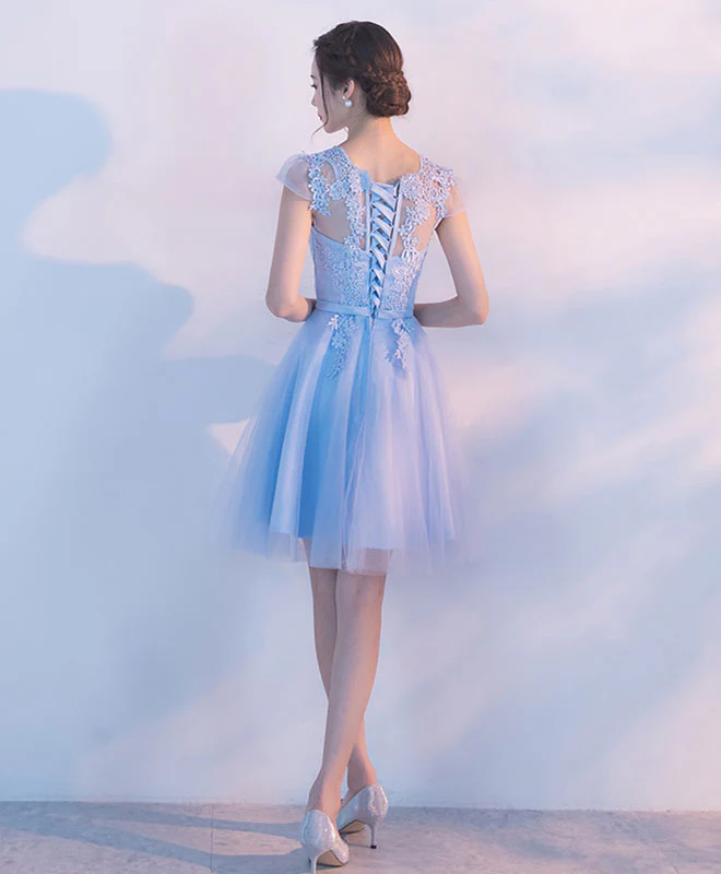 Light Blue A Line Tulle Lace Short Prom Dress, Homecoming Dress - Deanwangkt