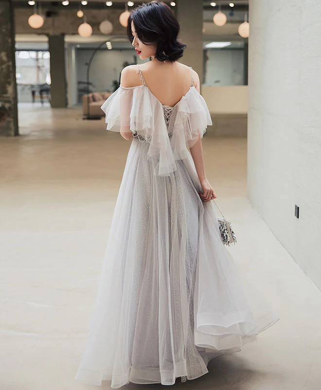 Elegant Off Shoulder Tulle Long Prom Dress, Tulle Evening Dress - Deanwangkt