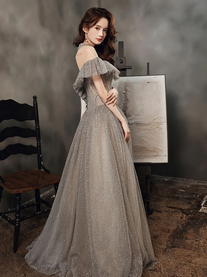 Gray High Neck Tulle Sequin Long Prom Dress Gray Formal Dress - Deanwangkt