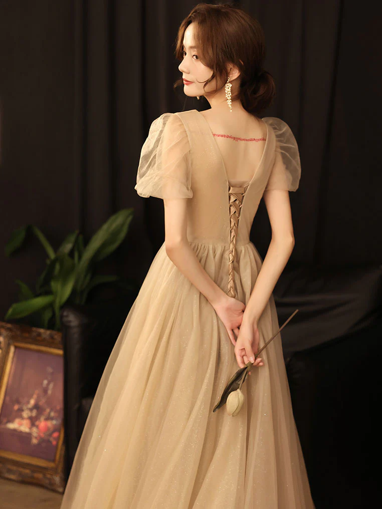 Simple A line Champagne Long Prom Dress, Champagne Bridesmaid Dress - Deanwangkt