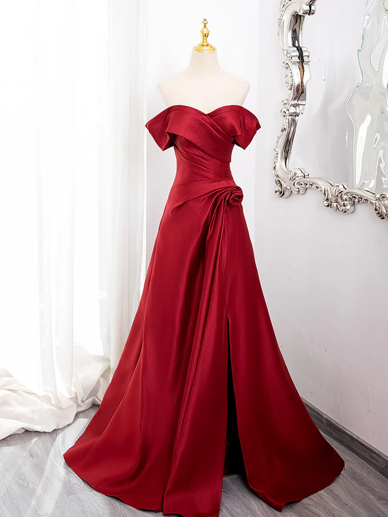 A-Line Off Shoulder Satin Burgundy Long Prom Dress, Burgundy Long Formal Dress - Deanwangkt