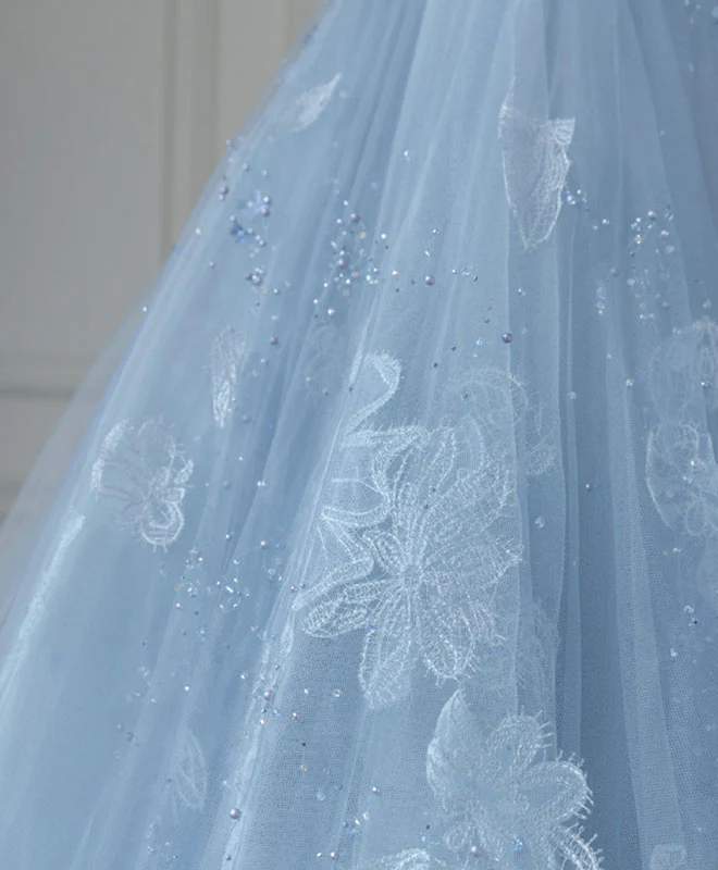 Blue Tulle Short Prom Dress, Blue Homecoming Dress with Lace Beading - Deanwangkt