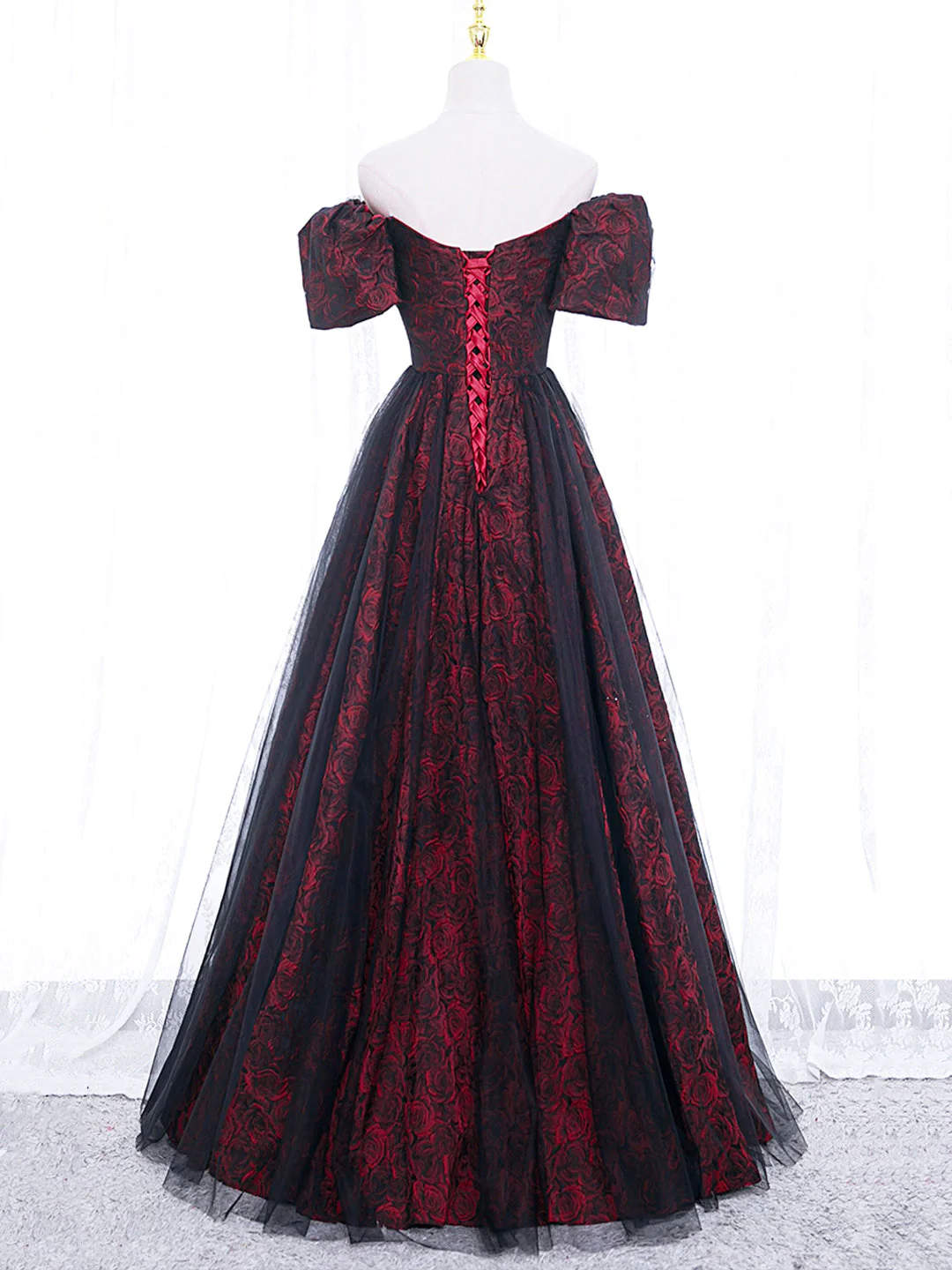 A-Line Tulle Lace Burgundy Long Prom Dress, Burgundy Long Formal Dress - Deanwangkt