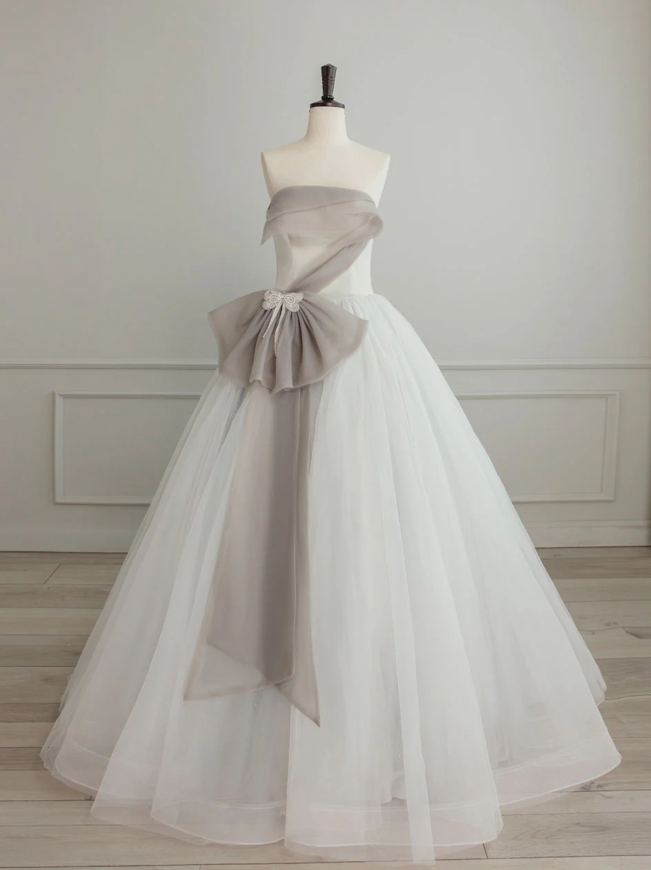 A-Line Tulle White Long Prom Dress, White Formal Party Dress - Deanwangkt