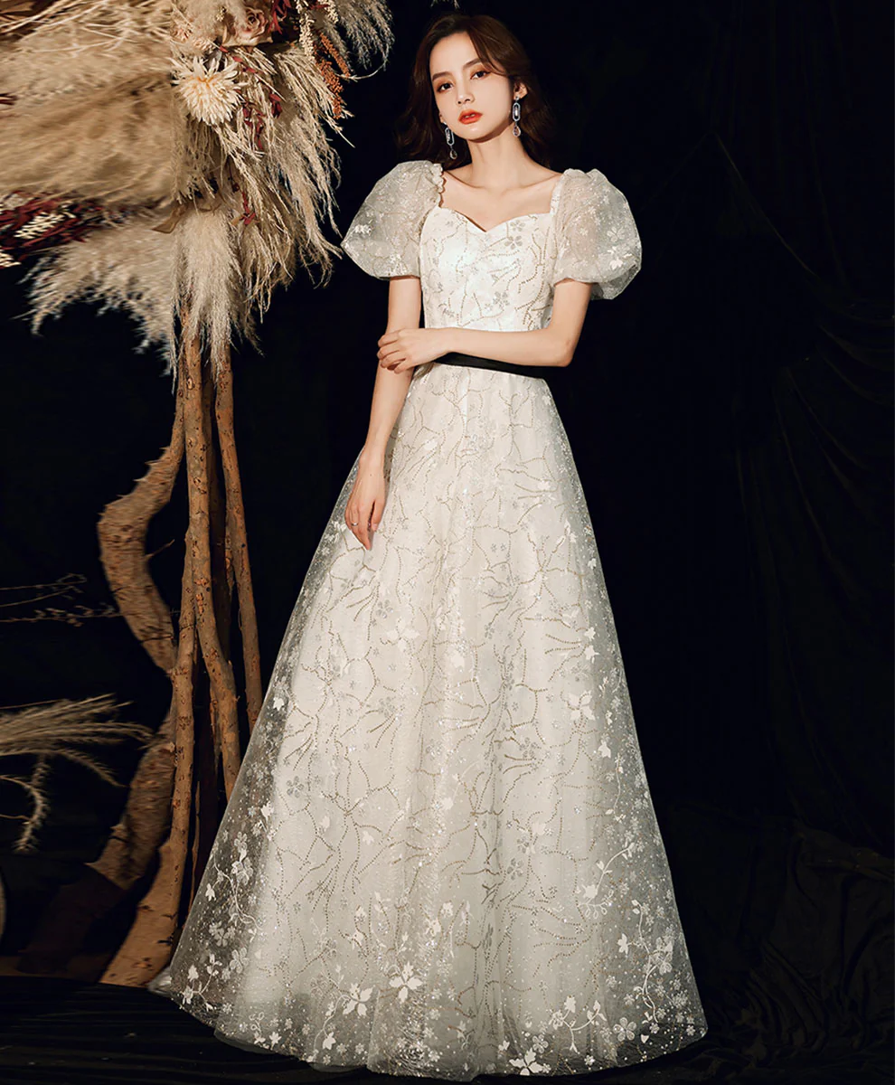 A line White Tulle Lace Sequin Long Prom Dress, White Formal Graduation Party Dress - Deanwangkt