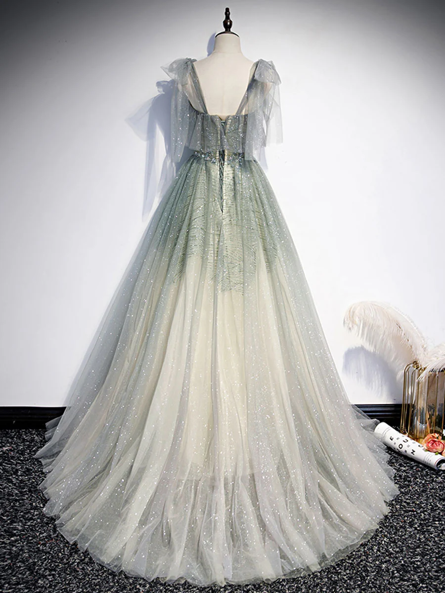 Gray Green Tulle Sequin Beads Long Prom Dress, Green Evening Dress - Deanwangkt