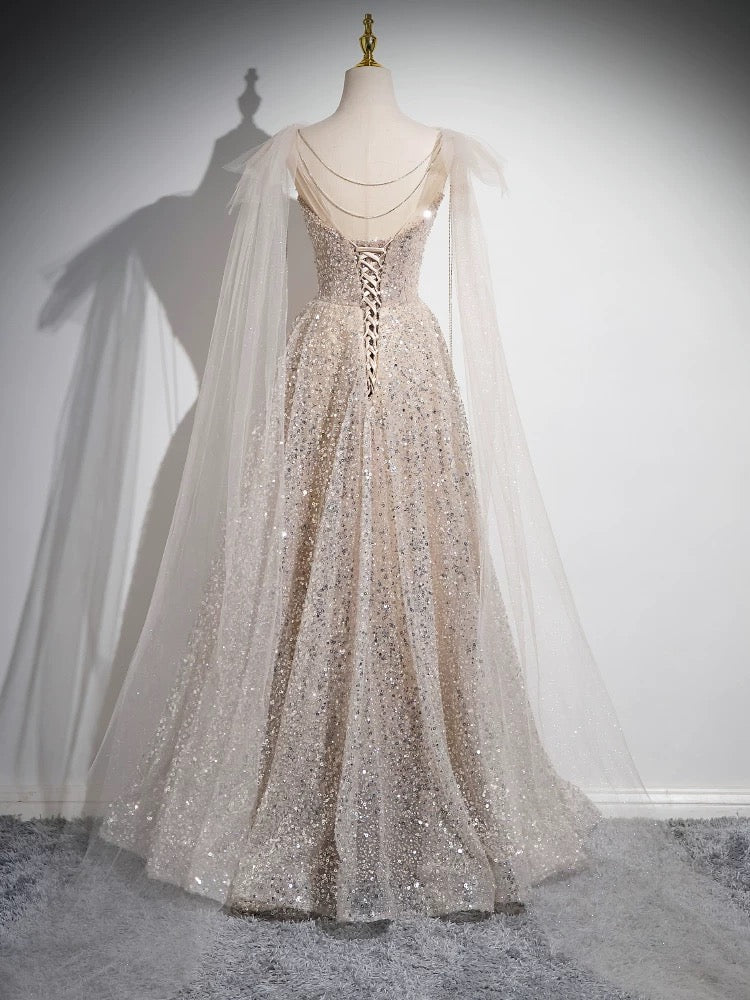 A-Line Scoop Neckline Tulle Sequin Champagne Long Prom Dress - Deanwangkt